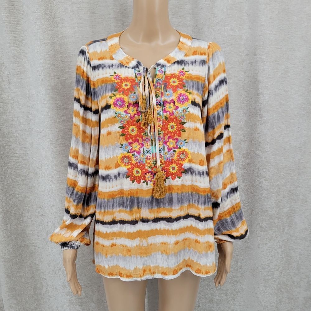 Savanna Jane Women's Floral Embroidered Boho Peasant Long Sleeve Top Blouse
